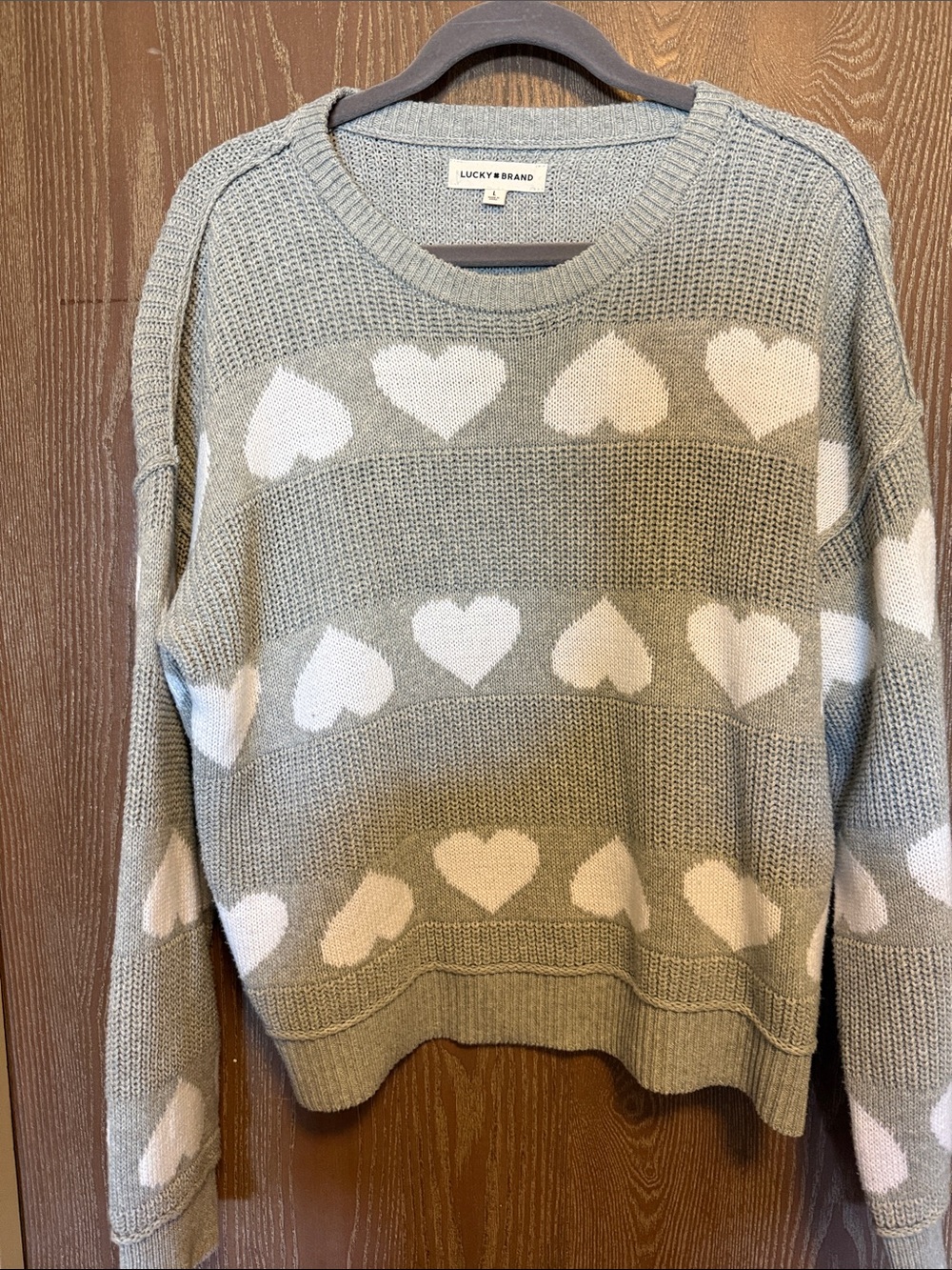 Lucky Brand Gray Crewneck Sweater with White Heart Pattern